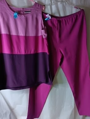 Amanda Smith Womens Tunic (XL) Pants (L) Set Pink/Fushia/Purple Colorblock